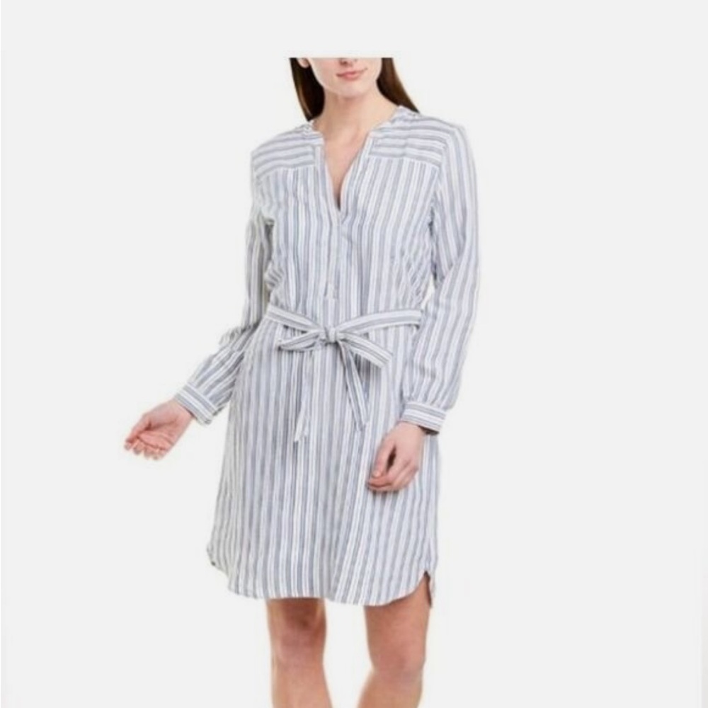 J. Crew Blue and White Striped Tie-Waist Shirt Dress